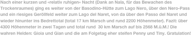 Nach einer kurzen und «relativ ruhigen» Nacht (Dank an Nala, für das Bewachen des Trockenraumes) ging es weiter von der Basodino-Hütte zum Lago Nero, über den Nero-Pass und ein riesiges Geröllfeld weiter zum Lago del Naret, von da über den Passo del Naret und wieder hinunter ins Bedrettotal (total 17 km Marsch und rund 2200 Höhenmeter). Fazit: über 4300 Höhenmeter in zwei Tagen und total rund  30 km Marsch auf bis 2568 M.ü.M.! Die wahren Helden: Gioia und Gian und die am Folgetag eher steifen Penny und Tiny. Gratulation!
